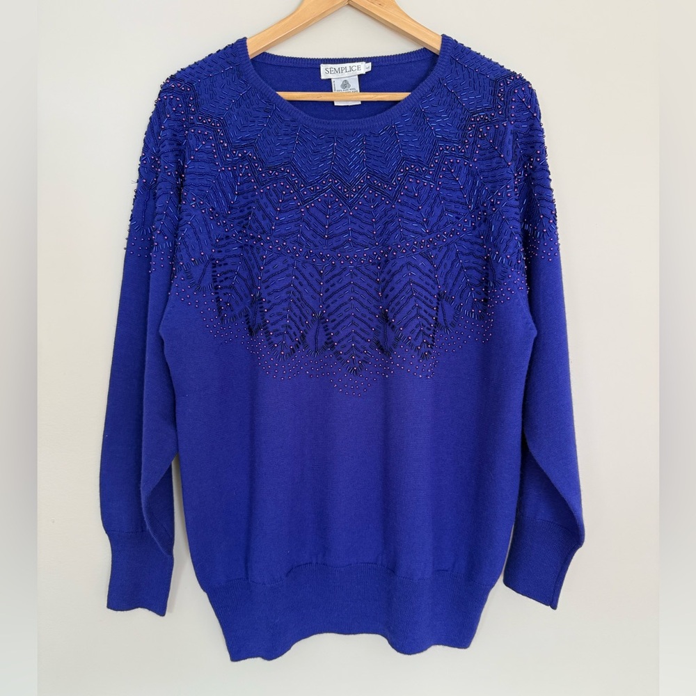 Vintage Semplice Royal Blue 100% Wool Embellished Beaded Sweater Size Large